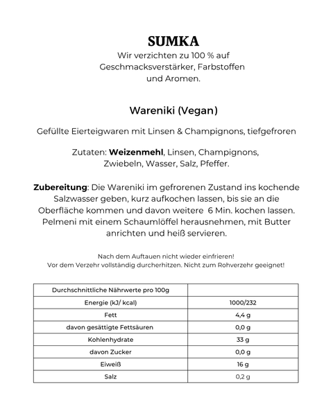 WARENIKI “Vegan” mit Linsen & Pilzen (tiefgefroren)